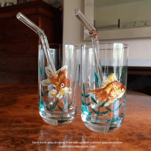 Goldfish design - pair of handpainted glasses with 2 handmade straws