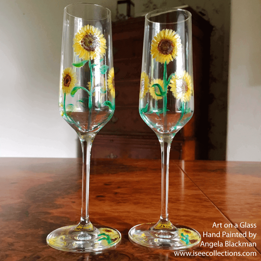 2 Sunflower Hand Painted Stemless Wine Glasses 