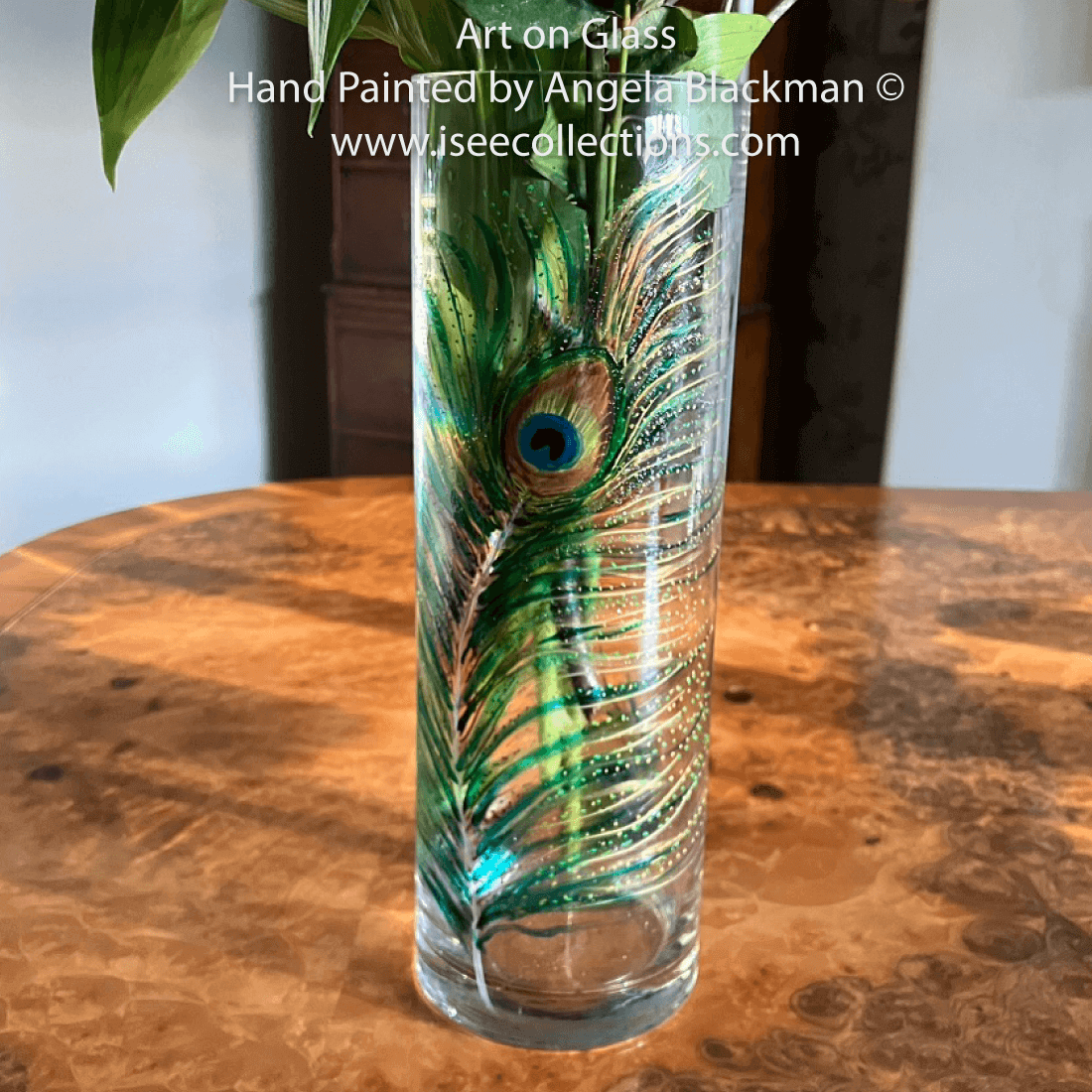 Peacock Feather Vase – Original art hand painted on glass – I See  Collections